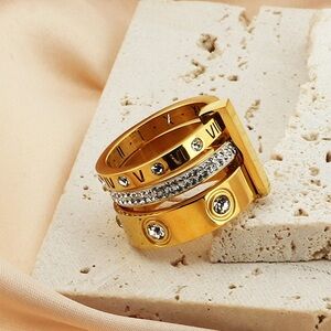 New Stainless Steel 18k Gold Plated Stacked Ring